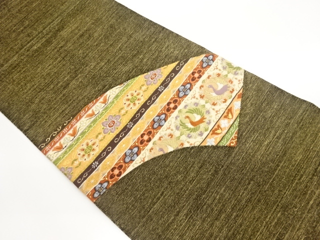 綴れ金銀糸切り嵌め風地紙に横段・鳳凰・花々模様織出し名古屋帯